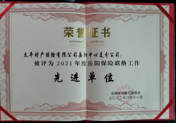 太平财险岳阳中支荣获“岳阳市2021年度保险联络工作先进单位”荣誉称号(图3)